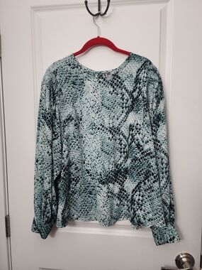 3/$25 Worthington Teal Snake-Print Long-Sleeve Blouse